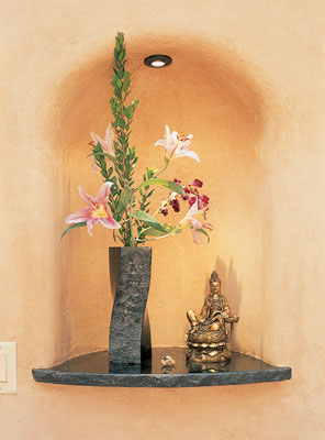 Spiritually evocative items in the bathroom make bathing vital, rich, and centered.